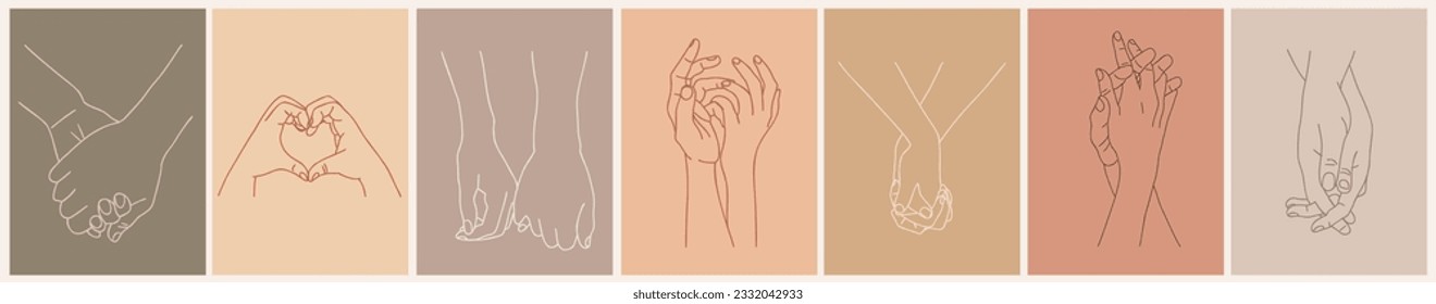 Holding Hands Outline Drawing modern minimalist wall art, poster. Love, relationship concept. Monochrome hand drawn ink style sketch. Vector line art illustrations on neutral earthy pastel background