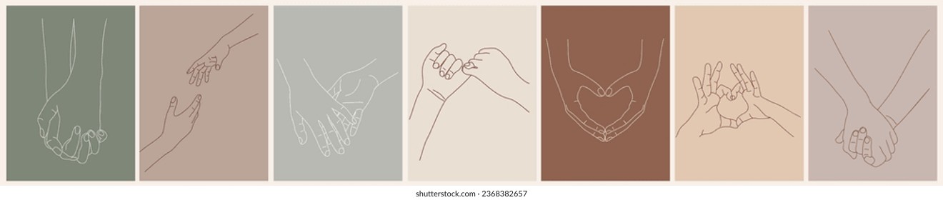 Holding Hands Outline Drawing modern minimalist wall art, poster. Love, relationship concept. Monochrome hand drawn ink style sketch. Vector line art illustrations on neutral earthy pastel background.