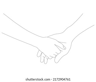 Manteniendo las manos. Palmeras en una línea. Mano en mano. Una delgada línea de dibujo. Dibujo continuo de líneas. Manos a las palmas juntas.