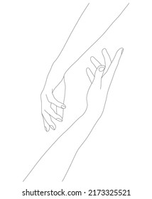 Holding hands. Palms in one line. Hands on a white isolated background. Hand in hand. A thin drawing line.