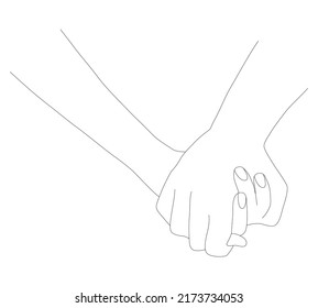 Manteniendo las manos. Palmeras en una línea. Manos sobre un fondo blanco aislado. Mano en mano. Una delgada línea de dibujo.