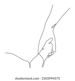 Manos del padre y el niño continuos de una línea dibujando líneas negras bosquejo aislado sobre fondo blanco. Manos de pareja Ilustración vectorial minimalista	