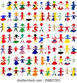 Holding hands people patterned in the World's flags background 
