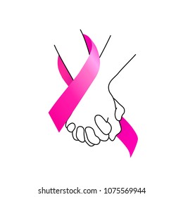 Holding hands with pink ribbon. Breast Cancer Awareness Month Campaign. Icon design for poster, banner, t-shirt. Illustration isolated on white background.