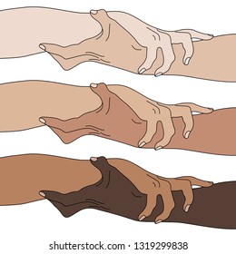Holding Hands Showing Unity. Multinational equality. Team, partner, alliance concept. Relationship icon. Vector illustration for your design.