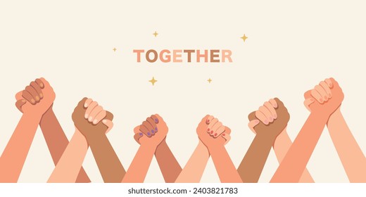 Holding hands together banner, hands holding each other strongly, hand in hand concept.