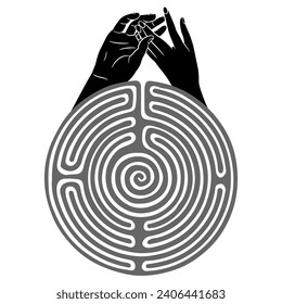 Holding hands of two lovers emerging from a round spiral maze or labyrinth symbol. Theseus and Ariadne. Mystery of love. Creative concept.