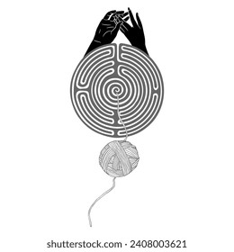 Holding hands of two lovers emerging from a round spiral maze or labyrinth symbol and a yarn ball. Ariadne's thread. Ancient Greek mythology. Theseus and Ariadne. Mystery of love. Creative concept.