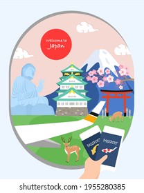 Holding passport’s heading to Japan, Osaka. Tokyo, Nara. Advertising design of Japan famous landmarks, Japan travel poster. Nara Japan. Airplane window view.