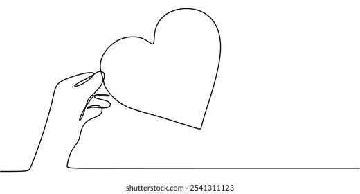 Holding a Heart. Continuous One Line Drawing Representing Relationship Concept in Minimalist Hand-Drawn Design.