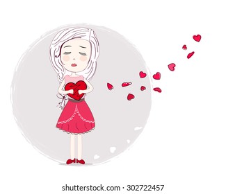 Holding heart sad girl art vector background