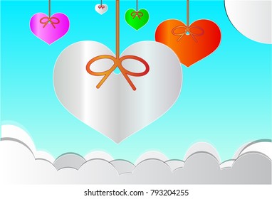 Holding heart shape above clouds, paper art valentine's days and love concept , vector and illustration