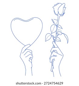 sosteniendo una forma de corazón y una rosa, simbolizando el amor y el romance