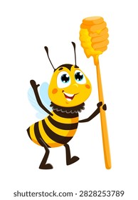 Holding honey dipper bee insect cartoon character. Honeybee baby cute character, garden honey bee insect cheerful vector isolated personage. Bumblebee animal funny mascot tasting fresh honey