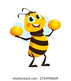 Holding honey drop honey bee insect cartoon character. Honeybee animal cute character, garden bumblebee bug happy vector isolated personage. Honey bee baby cheerful mascot with collecting honey