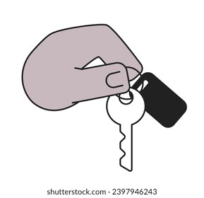 Holding house key cartoon hand outline illustration. Real estate agent hand 2D isolated black and white vector image. Handing over apartment key. Handover process flat monochromatic drawing clip art