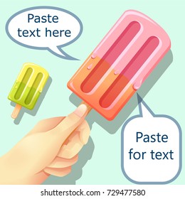 Holding ice cream bars and speech bubble for input text , vector illustration