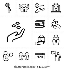 Holding icon. set of 13 outline holding icons such as airport officer, hand with seeds, hands holding heart, gay couple, rent tag, card