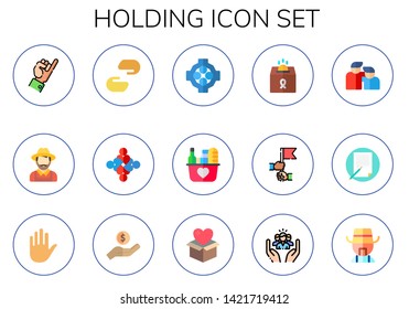 holding icon set. 15 flat holding icons.  Collection Of - pinky promise, farmer, charity, hug, donation, friendship, writing, hold, social care