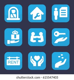 Holding icon. set of 9 filled holding icons such as hand with seeds, airport officer, hands holding heart, home repair, rent tag, man and document, gift on hand, key on hand