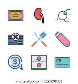 holding icon set. vector set about credit card, spatula, adjustment id and pie chart icons set.