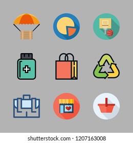 holding icon set. vector set about supermarkets, ecologism, shopping bag and pie chart icons set.