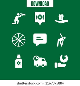 holding icon. This set with restaurant pin map, basketball, speech bubble and hand holding a gift vector icons for mobile and web