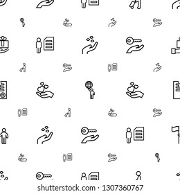 holding icons pattern seamless white background. Included editable outline hand with seeds, man holding globe, man with luggage, man and document icons. holding icons for web and mobile.