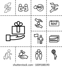 Holding icons. set of 13 editable outline holding icons such as money on hand, head bang emot, baby playing with another baby, gay couple, rent tag, card