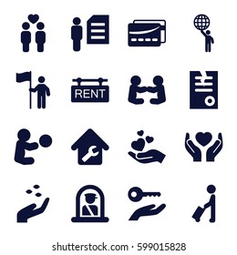 holding icons set. Set of 16 holding filled icons such as hand with seeds, man with luggage, airport officer, paper, gay couple, home repair, rent tag, card, man and document