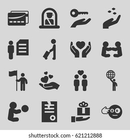 Holding icons set. set of 16 holding filled icons such as hand with seeds, man with luggage, airport officer, paper, head bang emot, gay couple, card