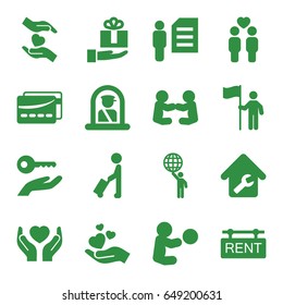 Holding icons set. set of 16 holding filled icons such as man with luggage, airport officer, gay couple, home repair, rent tag, card, man and document, gift on hand