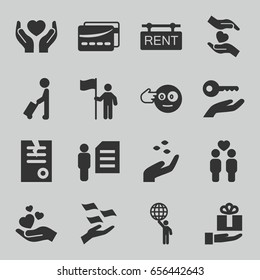 Holding icons set. set of 16 holding filled icons such as hand with seeds, man with luggage, money on hand, paper, head bang emot, gay couple, rent tag, card