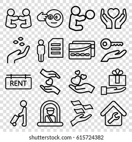 Holding icons set. set of 16 holding outline icons such as man with luggage, airport officer, hand with seeds, money on hand, home repair, rent tag, card, head bang emot