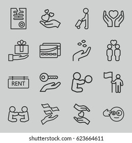 Holding icons set. set of 16 holding outline icons such as man with luggage, hand with seeds, money on hand, paper, gay couple, rent tag, card