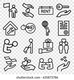 Holding icons set. set of 16 holding outline icons such as man with luggage, hand with seeds, money on hand, paper, gay couple, home repair, rent tag