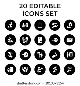 Holding icons. set of 20 editable filled holding icons such as hand with seeds, money on hand, paper, head bang emot. best quality holding elements in trendy style.