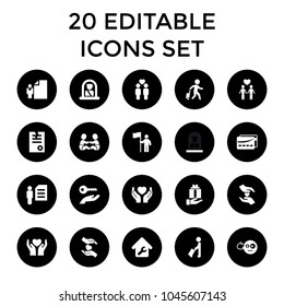 Holding icons. set of 20 editable filled holding icons such as man with luggage, airport officer, paper, head bang emot. best quality holding elements in trendy style.