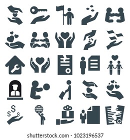 Holding icons. set of 25 editable filled holding icons such as hand with seeds, man with luggage, money on hand, paper, man and document, home repair, airport officer