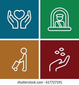 Holding icons set. set of 4 holding outline icons such as man with luggage, airport officer, hand with seeds