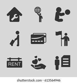 Holding icons set. set of 9 holding filled icons such as man with luggage, home repair, rent tag, card, man and document