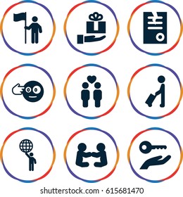 Holding icons set. set of 9 holding filled icons such as man with luggage, paper, head bang emot, gay couple, gift on hand, man holding globe, man with flag, key on hand