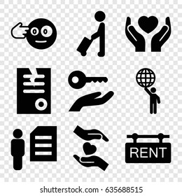 Holding icons set. set of 9 holding filled icons such as man with luggage, paper, head bang emot, rent tag, man and document