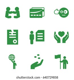Holding icons set. set of 9 holding filled icons such as hand with seeds, paper, head bang emot, card, man and document, man with flag