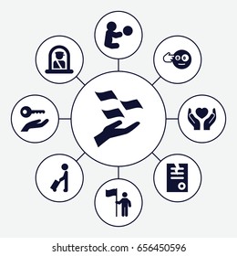Holding icons set. set of 9 holding filled icons such as man with luggage, airport officer, money on hand, paper, head bang emot, hands holding heart, man with flag