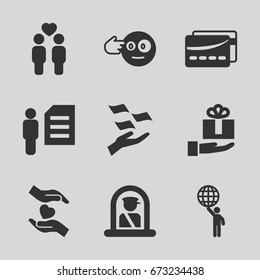 Holding icons set. set of 9 holding filled icons such as airport officer, money on hand, head bang emot, gay couple, card, man and document