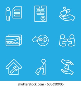 Holding icons set. set of 9 holding outline icons such as man with luggage, paper, home repair, card, head bang emot, baby playing with another baby