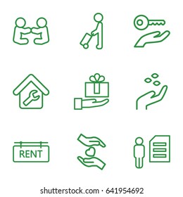 Holding icons set. set of 9 holding outline icons such as man with luggage, hand with seeds, hands holding heart, home repair, rent tag, key on hand