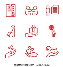 Holding icons set. set of 9 holding outline icons such as man with luggage, hand with seeds, paper, baby playing with another baby