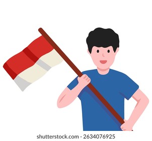 Holding Indonesian Red White Flag. Celebrating Indonesia's Independence Day